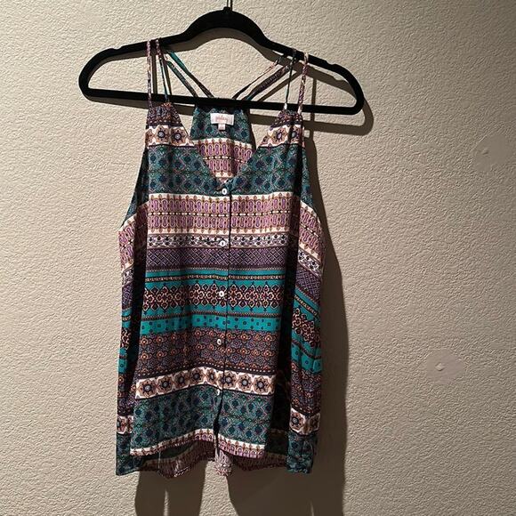 Pixley button up handkerchief bright pattern Tank with cute double straps sz L - Picture 1 of 5